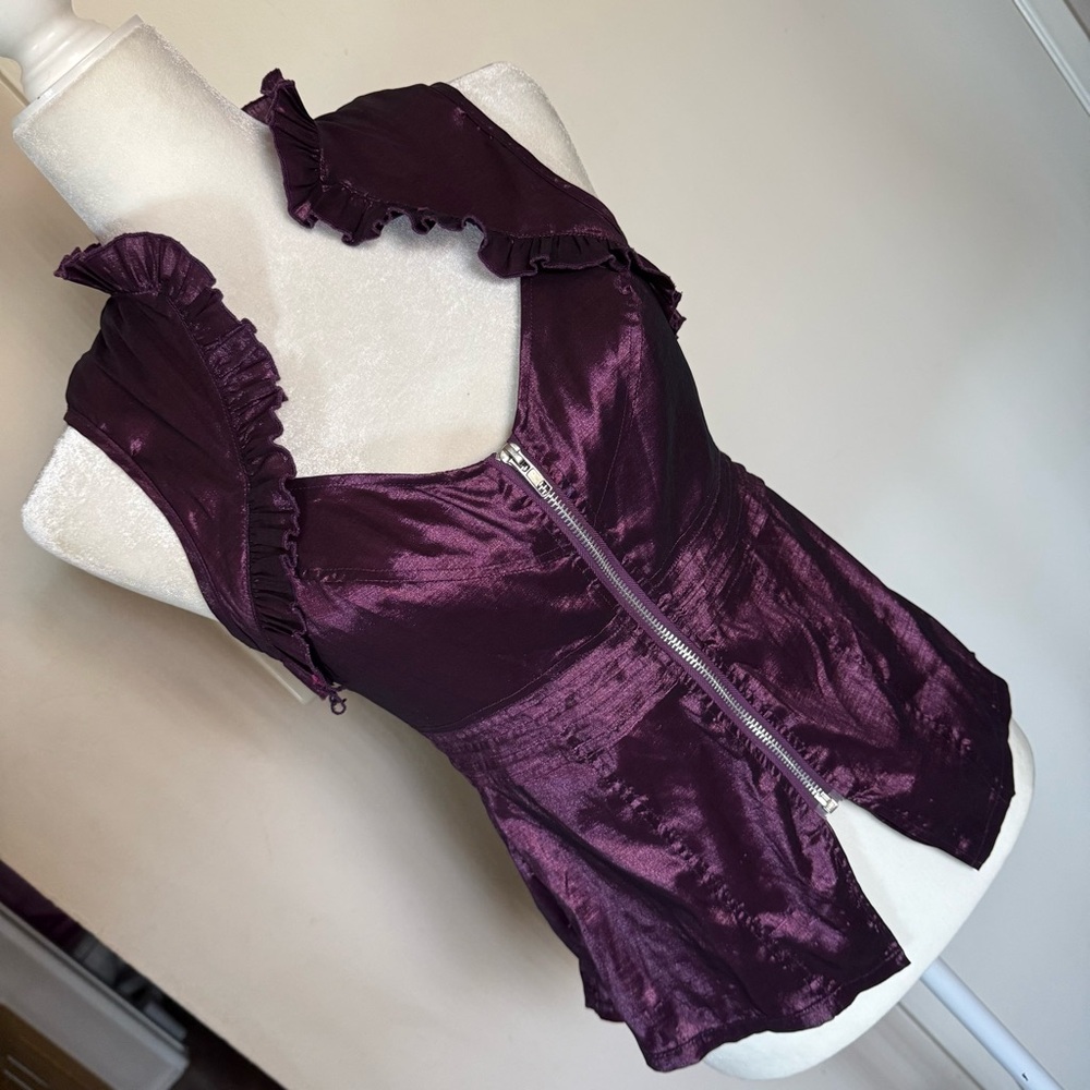 maroon purple shiny zip up ruffle collar top y2k trendy babydoll with ruching